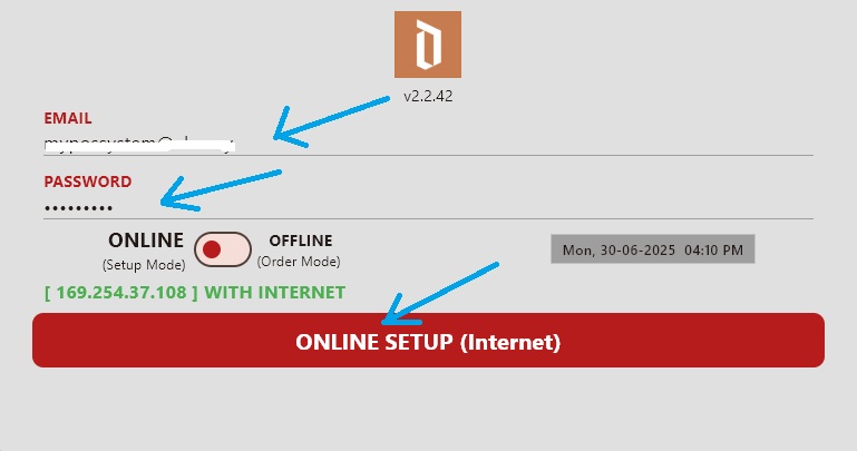 Login screen with email and password