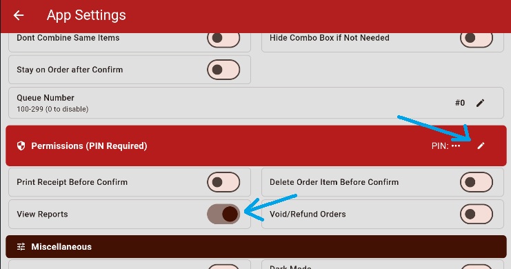 Pin code and permissions settings